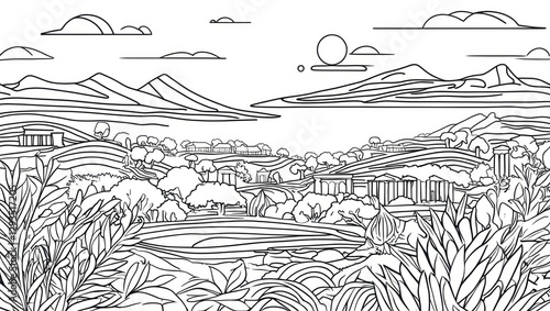 Wallpaper Mural Outlined Mountain Landscape Sketch with Ancient Buildings and Plants Coloring Page for Relaxation Torontodigital.ca
