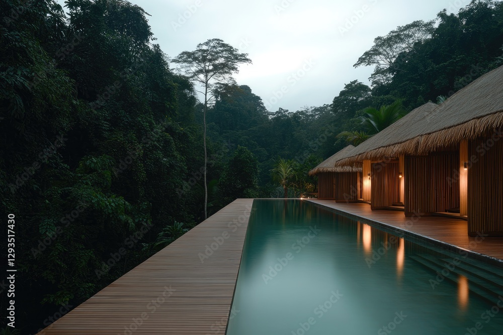 Serene poolside retreat nestled in lush jungle, illuminated by w