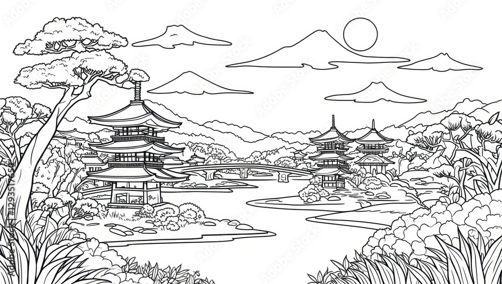 Naklejka premium Traditional Japan Landscape with Pagodas, Mountains and Bridge in Outline Style for Coloring Book
