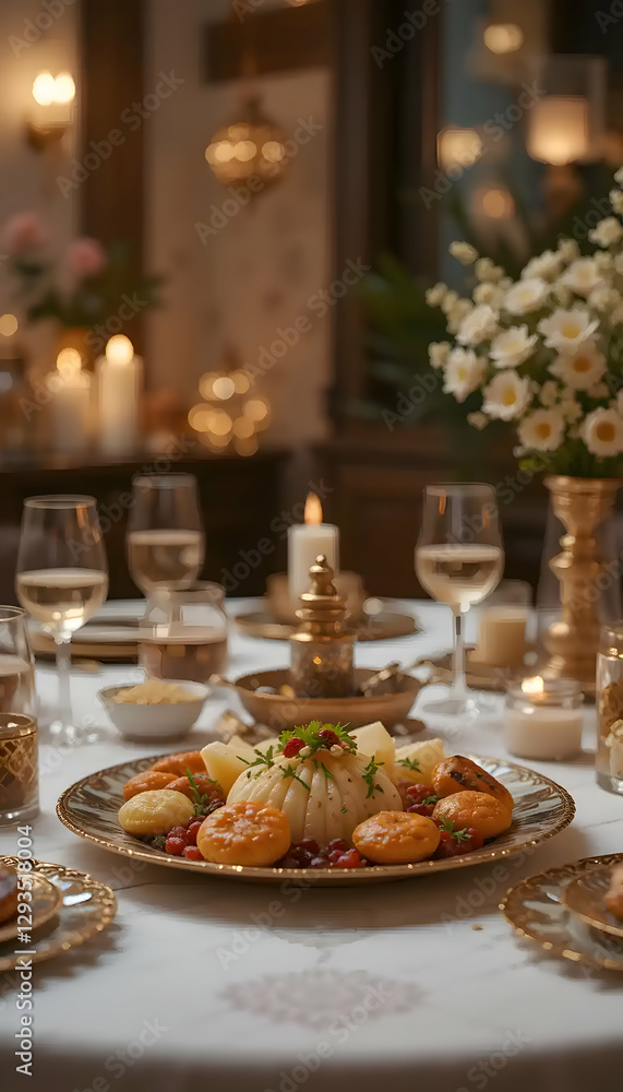 Elegant Dinner Table Setting with Cheese Platter Elegant Dinner Table Setting with Cheese Platter