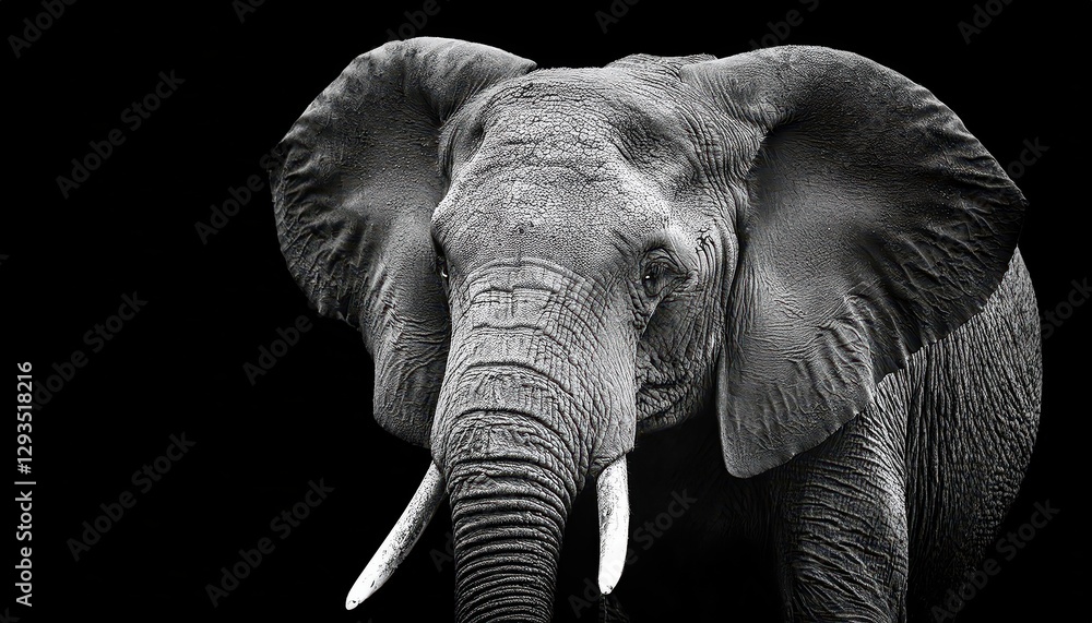 Fototapeta premium Black and White Elephant on Dark Background Majestic Mammal Captured in High Contrast, Evoking a Dramatic and Timeless Atmosphere.