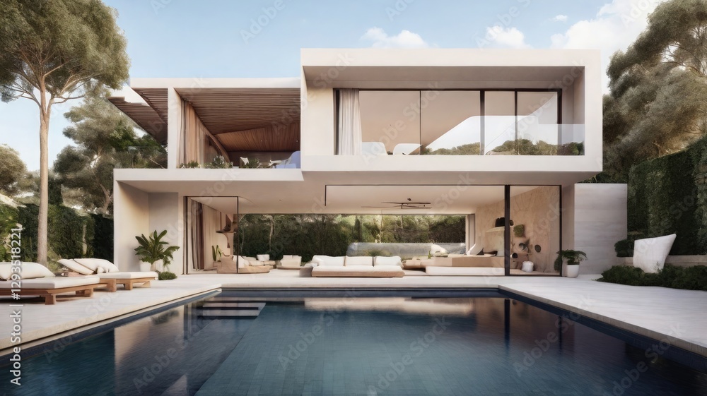 Fototapeta premium Serene Outdoor Beauty: Elegantly Composed House with a Mesmerizing Pool View—Generative AI