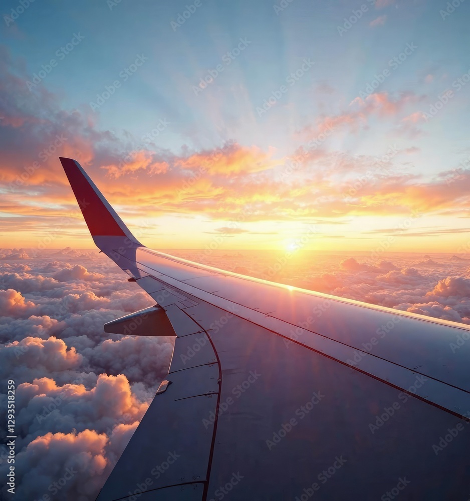 Wide-angle shot of an airplane wing at sunset with clouds, wingspan, clouds Wide-angle shot of an airplane wing at sunset with clouds, wingspan, clouds