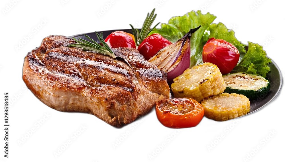 Grilled pork with vegetables isolated on white background Grilled pork with vegetables isolated on white background