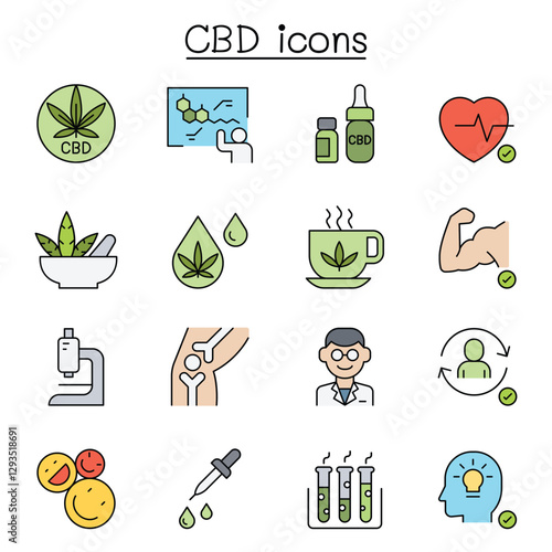 CBD, Cannabis, marijuana icon set in thin line style