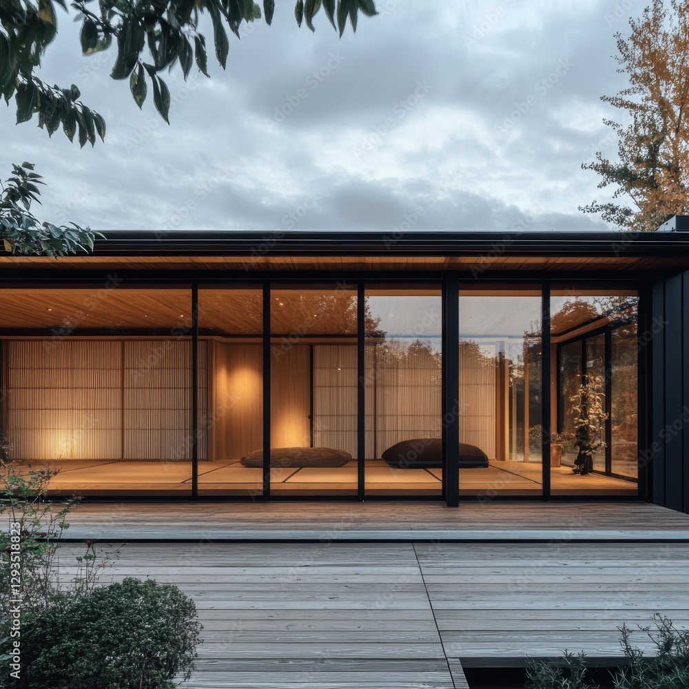Fototapeta premium A modern building exterior features a spacious wooden deck and windows