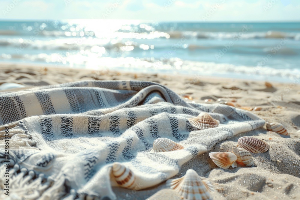 Seashells on sandy beach with cloth in soft lighting. Neural network AI generated Seashells on sandy beach with cloth in soft lighting. Neural network AI generated