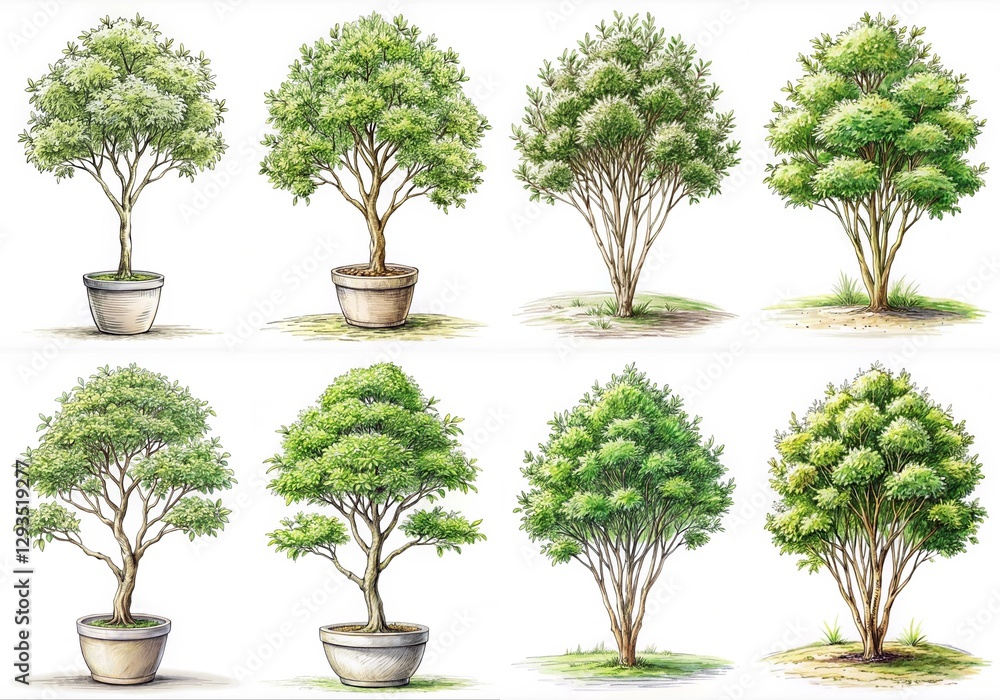 A series of drawings of trees in pots, with the first one being a small tree in a small pot A series of drawings of trees in pots, with the first one being a small tree in a small pot