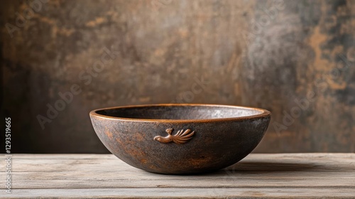 Rustic bowl with decorative bird ornament on a wooden table against a textured background photo