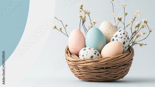 Colorful Easter Eggs in a Basket Surrounded by Delicate Flowers