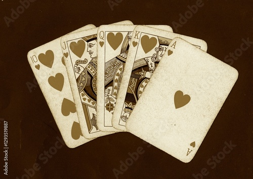 Valokuva A hand of vintage playing cards in sepia on a black background.