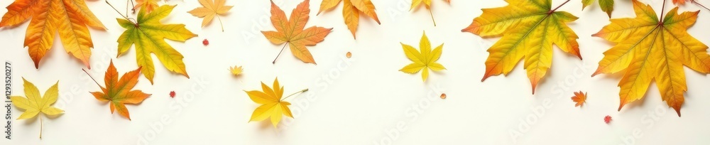 Yellow and green oak tree leaves scattered on white surface in autumn scene, scattered, nature Yellow and green oak tree leaves scattered on white surface in autumn scene, scattered, nature