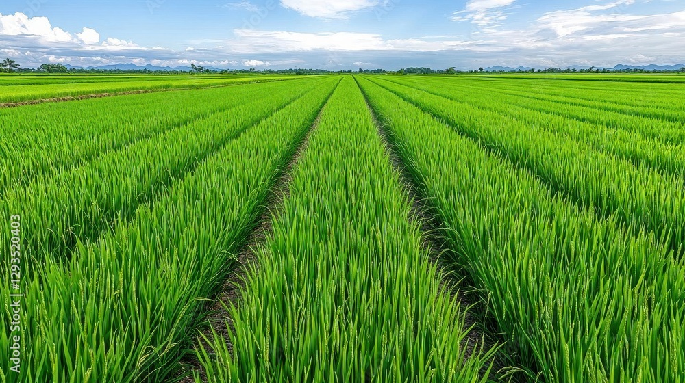 Fototapeta premium Vibrant green rice field under a clear blue sky with white clouds.