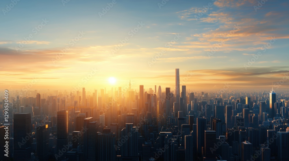 Fototapeta premium A Stunning Cityscape at Sunrise with Golden Light Bathed Skyscrapers and Clear Blue Sky Overlooking Urban Skyline in the Early Morning