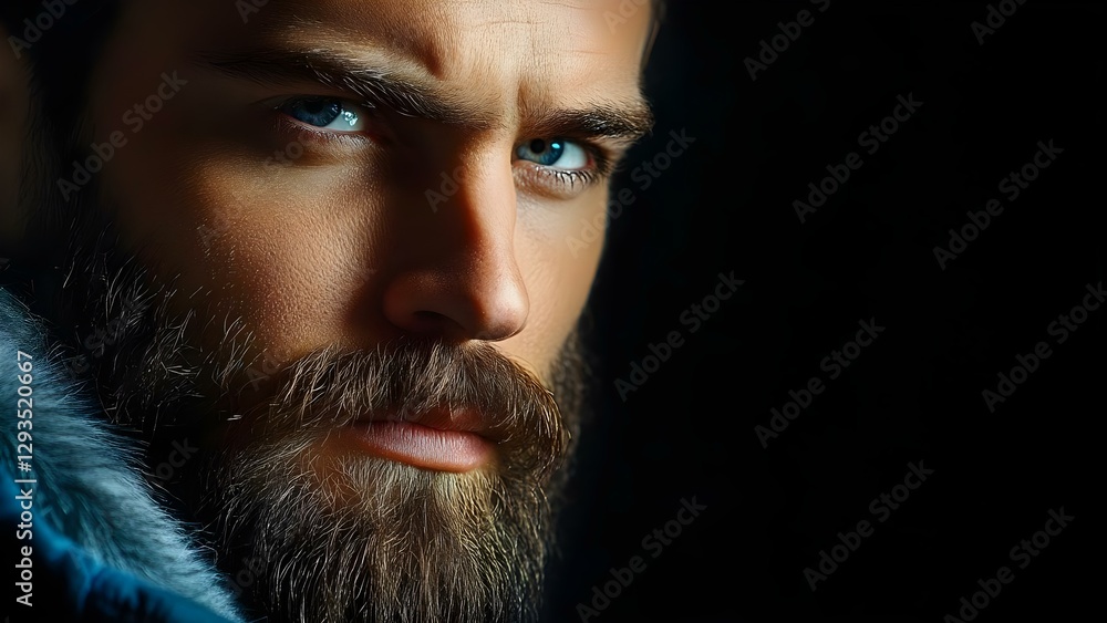 Fototapeta premium A close-up portrait of a man with striking blue eyes and a prominent beard, set against a dark background. Concept Close-Up Portrait, Striking Blue Eyes, Prominent Beard, Dark Background