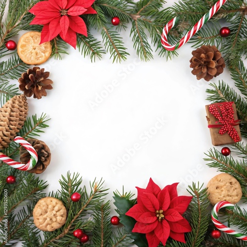 christmas frame with holly berries and cones