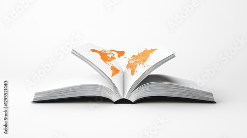 Open Book with Orange World Map on Pages Against White Background