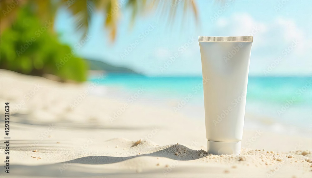 minimalist white plastic tube for cream, sunscreen, shampoo, balm or toothpaste on sandy beach with blurred palm trees and sea background minimalist white plastic tube for cream, sunscreen, shampoo, balm or toothpaste on sandy beach with blurred palm trees and sea background