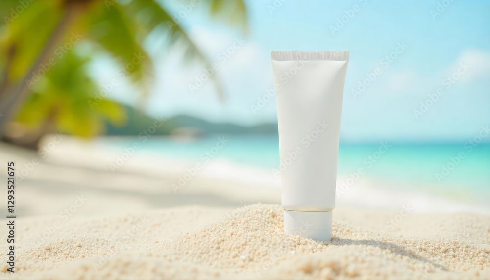 minimalist white plastic tube for cream, sunscreen, shampoo, balm or toothpaste on sandy beach with blurred palm trees and sea background minimalist white plastic tube for cream, sunscreen, shampoo, balm or toothpaste on sandy beach with blurred palm trees and sea background