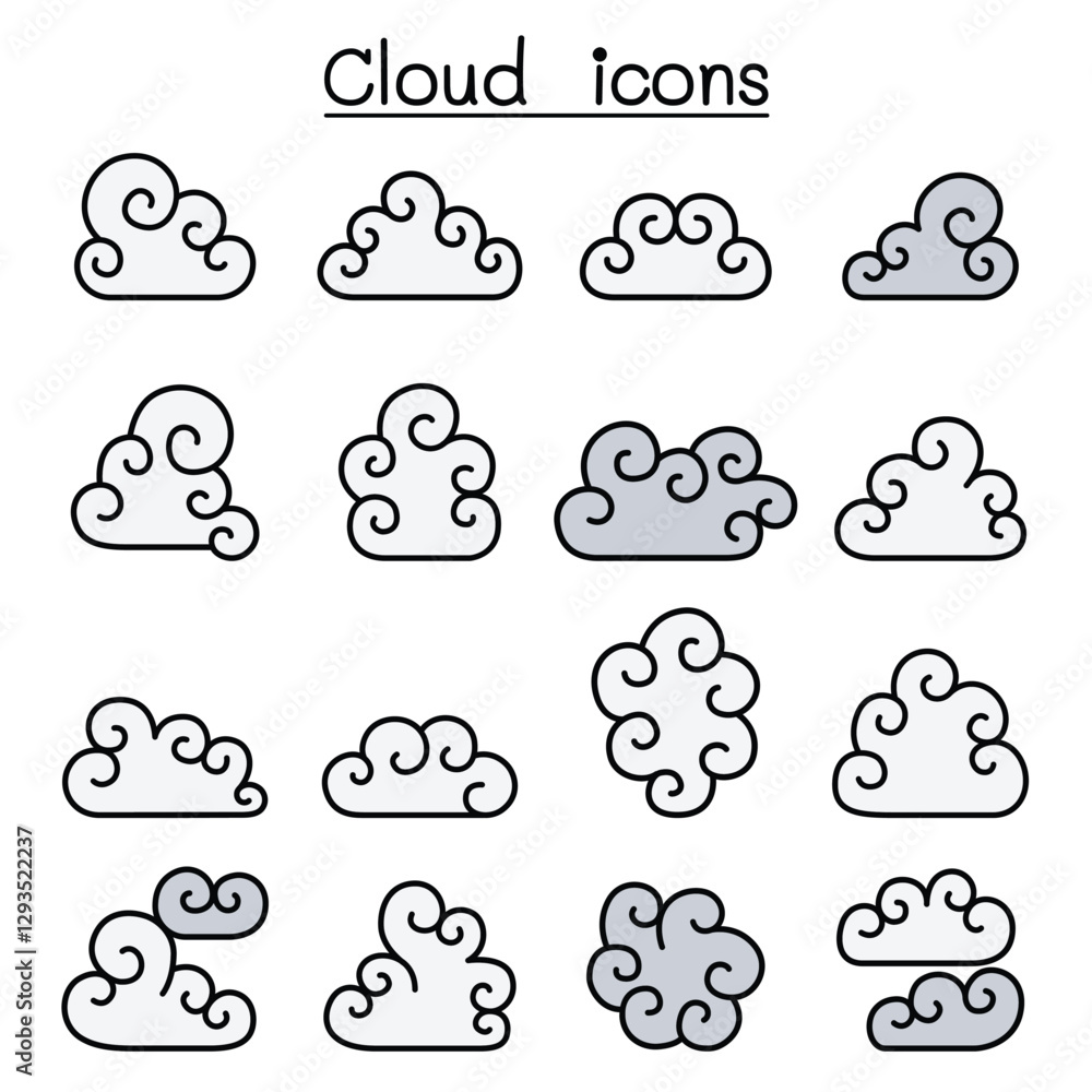 Fototapeta premium Curl Cloud icon set in thin line style