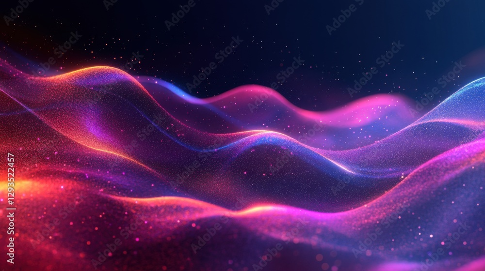 Fototapeta premium Bright light waves flow. Purple and red light colors. Abstract glowing particles on dark background. Sparkle light in the dark. Digital wave surface