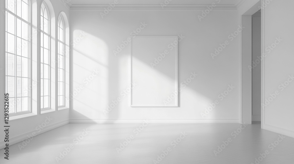 Fototapeta premium Minimalist Studio with Prominent Wooden Frame on Bare White Wall whiteboard background with empty copyspace, generative AI