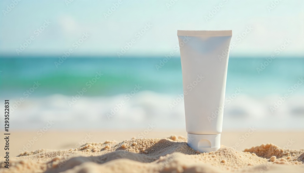 minimalist white plastic tube for cream, sunscreen, shampoo, balm or toothpaste on sandy beach with blurred sea background minimalist white plastic tube for cream, sunscreen, shampoo, balm or toothpaste on sandy beach with blurred sea background
