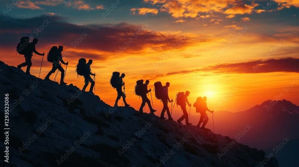 Fototapeta premium Team Climbing on sunset. Hikers Silhouette. Group Walking Mountain. People with Backpacks Hike at Sunset. Adventure and Travel in Nature.