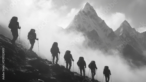 Mountain Climbers. People hiking uphill. Team of hikers. Group walking on mountain. Adventure hike. Mountain peak landscape. Black and white outdoors. photo