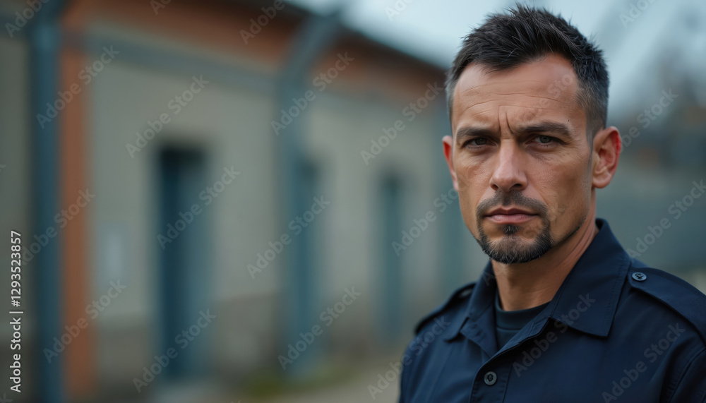 Portrait of correctional officer in uniform on blurred background of prison building. Security person with serious face expression ensures order. Police officer protects law, serves, controls, Portrait of correctional officer in uniform on blurred background of prison building. Security person with serious face expression ensures order. Police officer protects law, serves, controls,