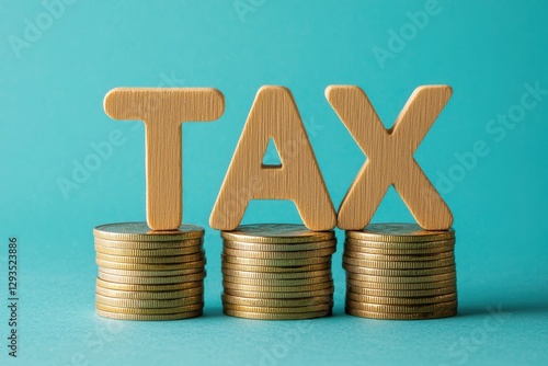 Tax wooden letters over diminishing coin stacks financial analysis indoor close-up tax concept photo