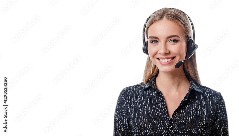 Smiling call center operator with headset looking straight ahead Smiling call center operator with headset looking straight ahead