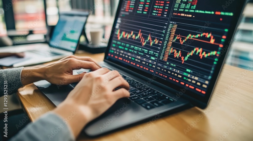 Stock Market Analysis, A Close-Up of Hands Typing on a Laptop Displaying Financial Data and Charts Stock Market Analysis, A Close-Up of Hands Typing on a Laptop Displaying Financial Data and Charts