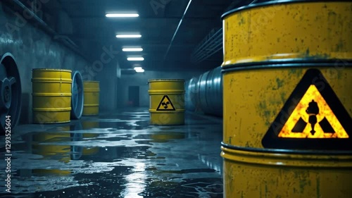Hazardous waste barrels in a dimly lit industrial setting