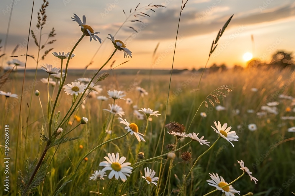 Obraz premium Golden Sunset Over a Daisy Field – Serene Nature Photography