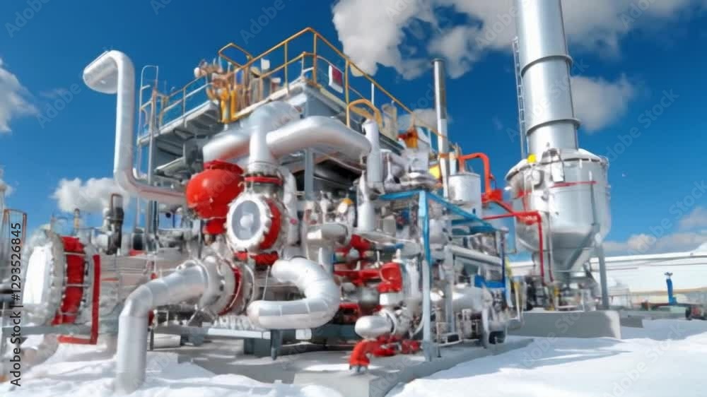 Large industrial equipment is seen in a facility under a bright blue sky. Pipes and machinery showcase the operational capacity of this site while workers engage in essential tasks Large industrial equipment is seen in a facility under a bright blue sky. Pipes and machinery showcase the operational capacity of this site while workers engage in essential tasks