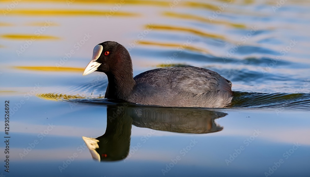 Eurasian Coot Fulica atra Gliding Gracefully on Tranquil Lake at Dusk, Capturing the Serenity of a Wintery Landscape Eurasian Coot Fulica atra Gliding Gracefully on Tranquil Lake at Dusk, Capturing the Serenity of a Wintery Landscape