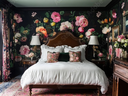 A large bed with a floral wallpaper and a floral headboard. The bed is covered with white sheets and pillows. There are two lamps on either side of the bed