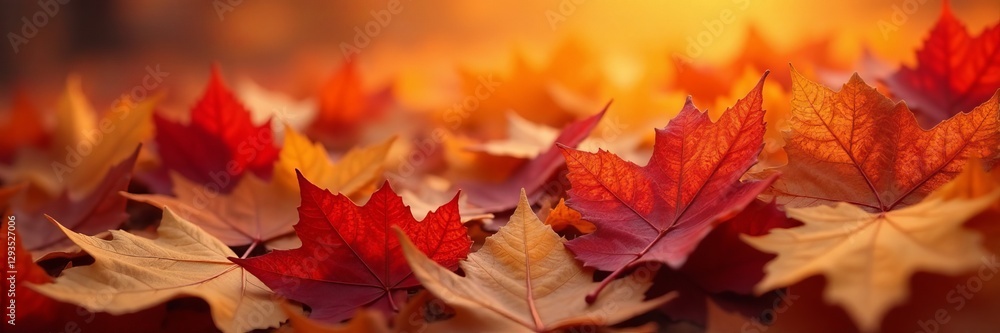 Close-up of fallen leaves in various shades of orange, red, and gold, close-up, texture Close-up of fallen leaves in various shades of orange, red, and gold, close-up, texture