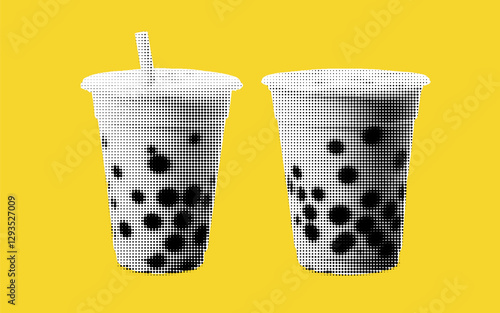 Unique collage highlighting halftone bubble tea cups against a vibrant yellow backdrop full of life and energy