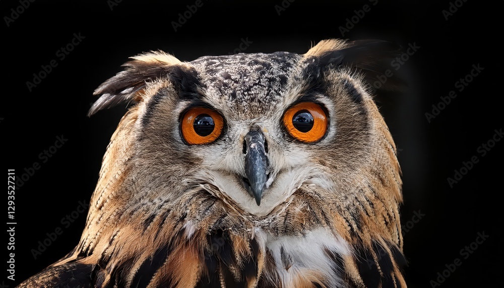 Fototapeta premium Majestic Eurasian eagle owl in striking contrast against an enigmatic black backdrop, its piercing eyes conveying wisdom and mystery amidst the stillness of night.