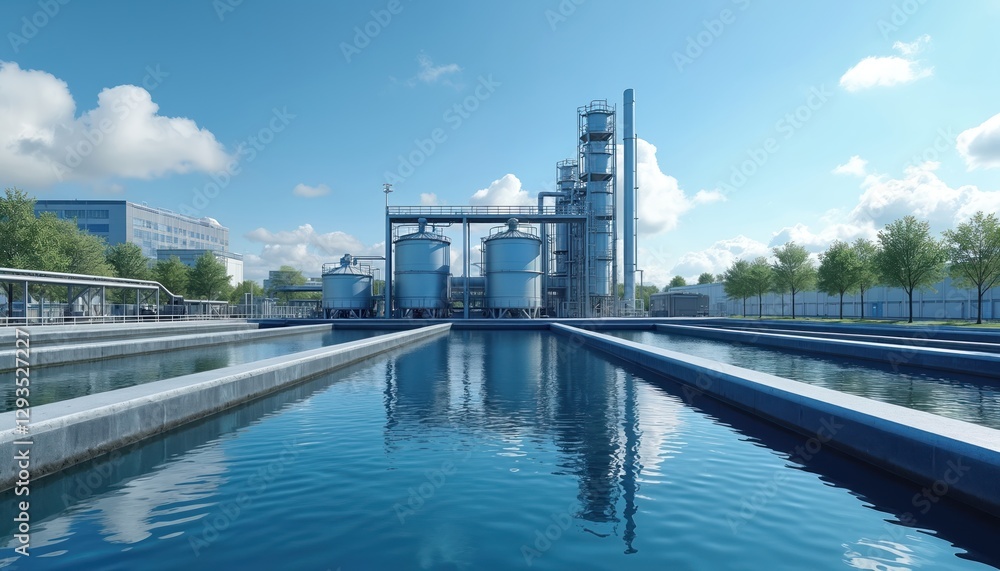 © Viktor - Industrial water cleaning plant with blue sky. Water treatment technology for cleaning management infrastructure. Purification process from reservoir to supply water to city. Environment solution, © Viktor - Industrial water cleaning plant with blue sky. Water treatment technology for cleaning management infrastructure. Purification process from reservoir to supply water to city. Environment solution,