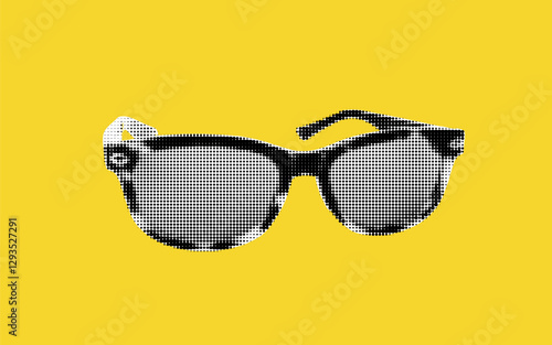 Creative halftone collage of stylish sunglasses against a vibrant yellow background showcasing urban chic aesthetics