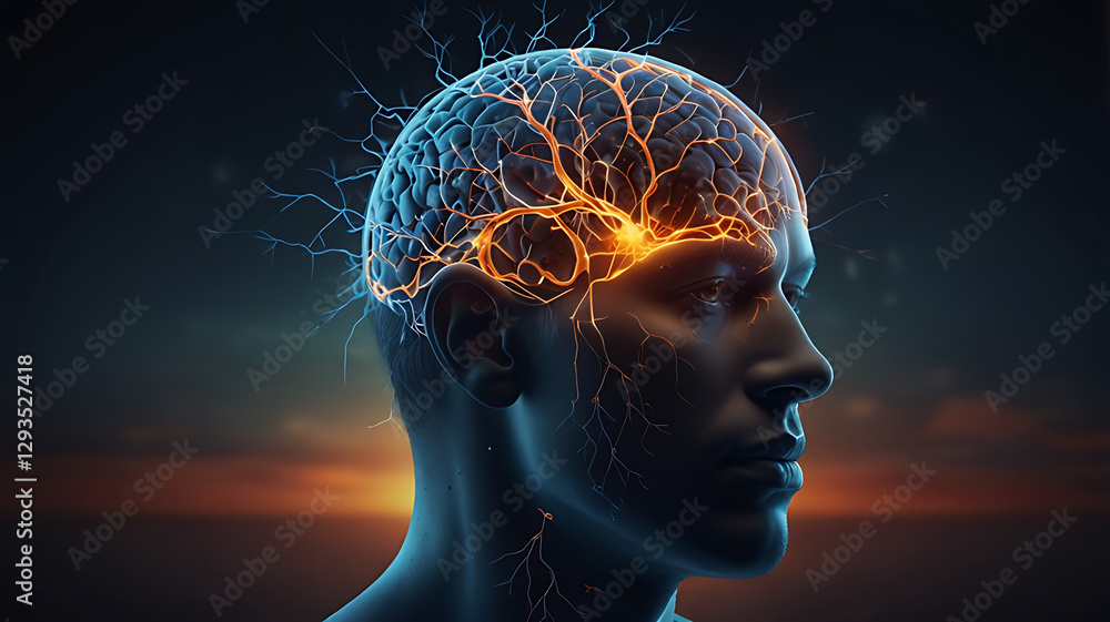 A silhouette of a head illuminated with electric neural patterns A silhouette of a head illuminated with electric neural patterns
