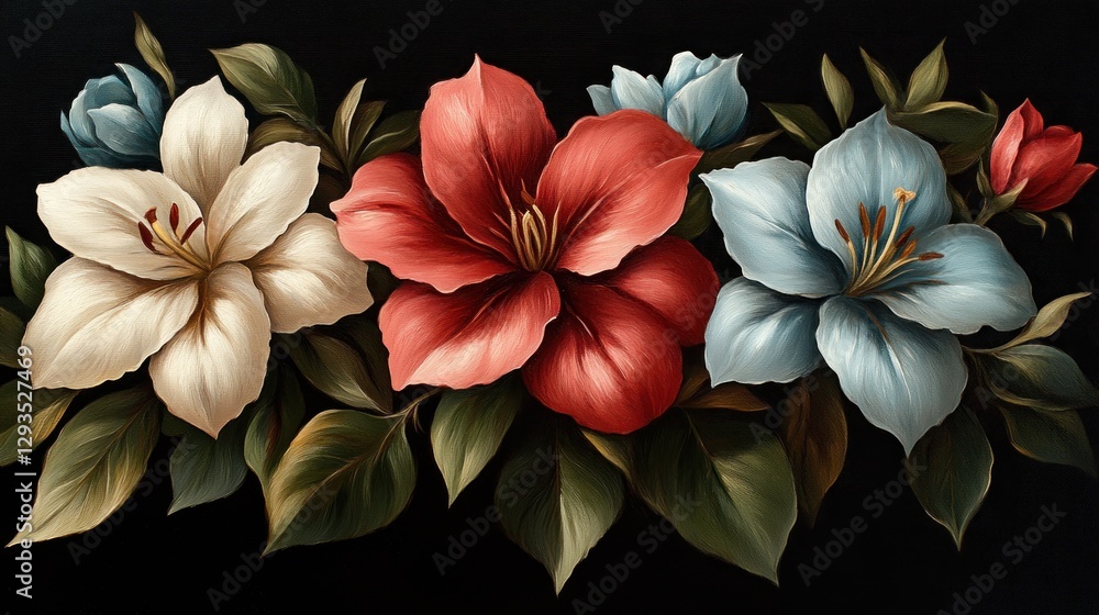 Fototapeta premium Floral still life arrangement on black background