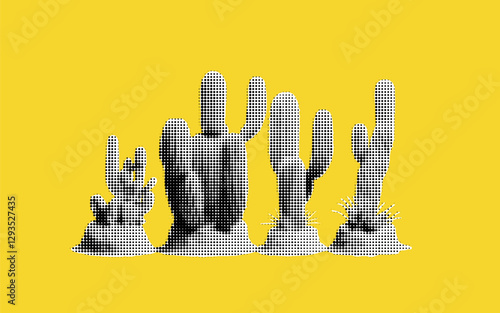 Creative collage of halftone cacti against a vibrant yellow backdrop highlighting nature's resilience and unique shapes in a bold artistic expression