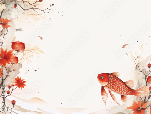 Watercolor painting of a golden koi carp in a pond. Chinese oriental background for fish restaurant menu card.