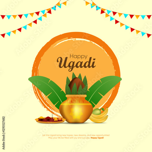 A vibrant orange circle with Happy Ugadi written on it a golden pot decorated with mango leaves and a coconut and traditional Ugadi dishes It is decorated with colorful flags and stylized leaves
