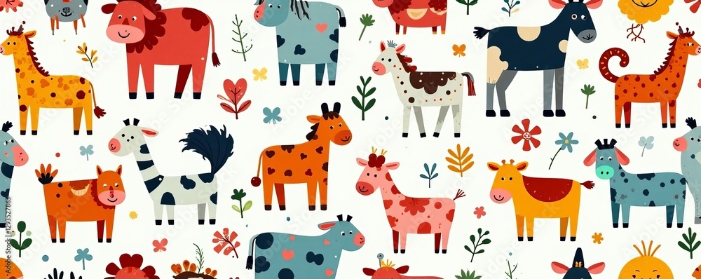 Vibrant and playful doodle farm animals in a seamless pattern, pattern, vibrant Vibrant and playful doodle farm animals in a seamless pattern, pattern, vibrant