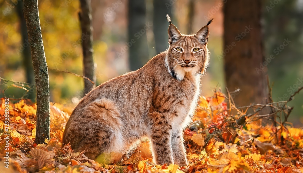Eurasian Lynx Amidst the Autumnal Forest A Feline Masterpiece Blending with the Rustic Hues of Orange Leaves, Creating a Striking Contrast in a Mystical Woodland Habitat. Eurasian Lynx Amidst the Autumnal Forest A Feline Masterpiece Blending with the Rustic Hues of Orange Leaves, Creating a Striking Contrast in a Mystical Woodland Habitat.